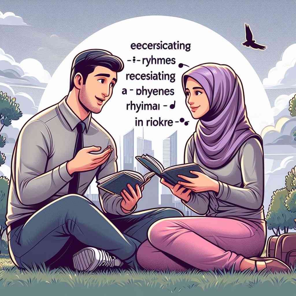 Ilustrasi dua remaja yang sedang berbalas pantun (Sumber fhoto/bing image kreator digital Ai)