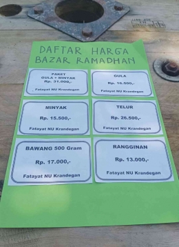 Daftar harga di bazar Ramadan Fatayat NU ranting Krandegan (dokpri)