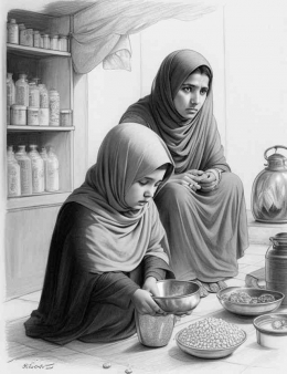 Seorang ibu merenungkan kebutuhan ramadhan dan lebaran (ai wagpt)