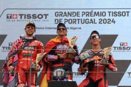 Martin, Bastianini, dan Acosta di podium MotoGP 2024 Portugal. Sumber: getty images (PATRICIA DE MELO MOREIRA)
