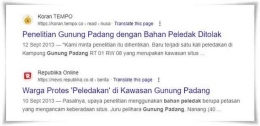 Berita di media tentang penggunaan bahan peledak untuk penelitian Gunung Padang (Sumber: tangkapan layar google)