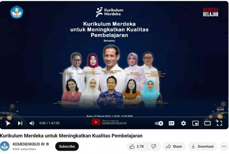 Tangkap layar Peluncuran Kurikulum Nasional di channel YouTube Kemendikbud