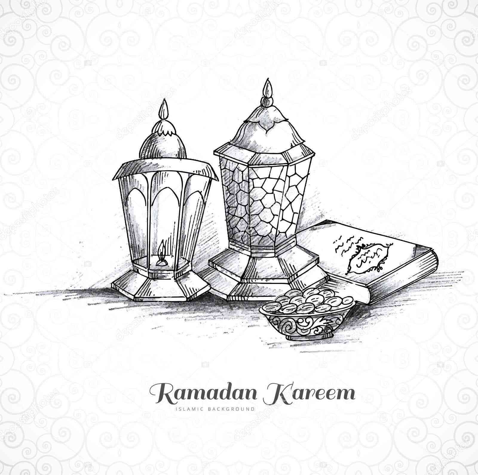 ilustrasi lentera spiritual Islam dan takjil Ramadhan https://depositphotos.com/id/vector/hand-draw-ramadan-kareem-islamic-lamp-sketch-background-5523