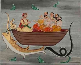 Penggambaran Manu dan tujuh orang bijak pada saat Banjir Besar dari situs Wikipedia: Manu (Hindu) 