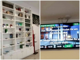 Koridor dengan rak buku dan monitor jam sholat (Dokumentasi Pribadi)