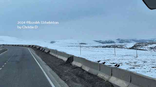 Sepanjang mata memandang, Pegunungan Jizzakh itu tertutup salju putih di awal musim semi Uzbekistan. (Dokumentasi pribadi)
