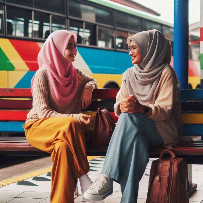 Ilustrasi dua perempuan sedang ngobrol di terminal bus (Image Create by AI)