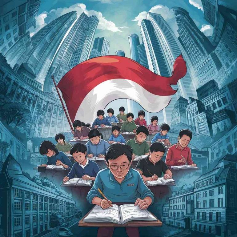 Illustrasi urgensi dan kebutuhan perubahan dalam sistem pendidikan Indonesia dengan menggunakan Singapura sebagai benchmark | ideogram.ai