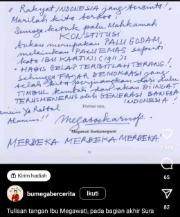 Tulisan tangan surat Megawati Sukarnoputri kepada MK terkait sengketa Pilpres 2024 (dok foto: Instagram/bumegabercerita)