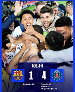 Hasil akhir Leg 2 babak  8 besar Liga Champions musim ini pada pertarungan yang mempertemukan Barca VS PSG, (©: instagram/championsleague)
