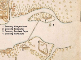 Sketsa  Lokasi Benteng-benteng Pertahanan Palembang disekitar Pulau Kemaro, oleh John van der laen // Sumber : Sutanadil Institute