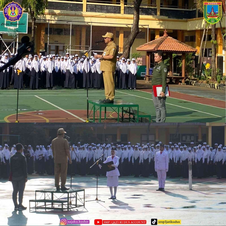 Ilustrasi 1: Upacara bendera di SMP 1 Jati, Kudus, Jateng, 22/4/2024, dengan pembina upacara Pj. Bupati Kudus. (Dokumentasi sekolah)