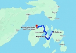 Jalur darat dari Salakan - Desa Koyobunga - Danau Paisu Pok di Desa Luk Panenteng, Banggai Kepulauan Sulawesi Tengah. (peta tangkapan layar google map)