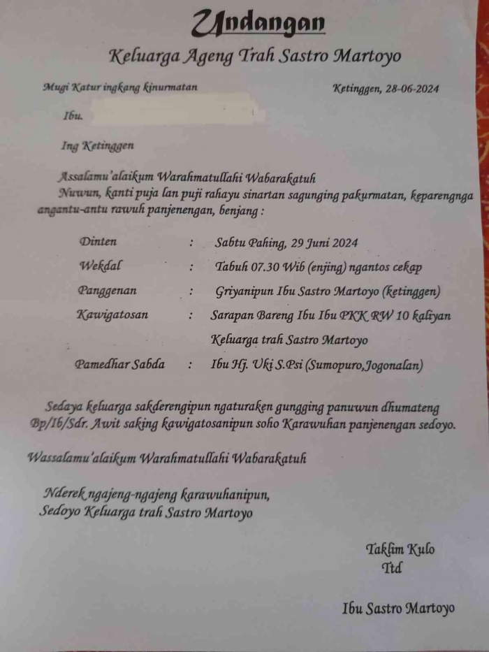 Undangan sarapan dengan bahasa Jawa (dokpri)