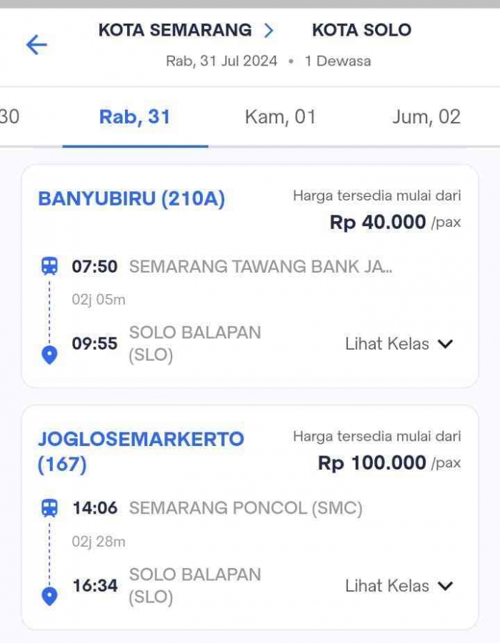 Perbandingan harga KA Banyubiru dan Joglosemarkerto. - Tangkapan layan Dokumentasi Pribadi