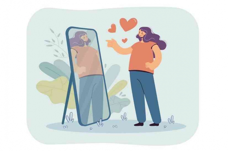 Ilustrasi seseorang melakukan afirmasi positif sambil bercermin. Foto: freepik.com/pch.vektor
