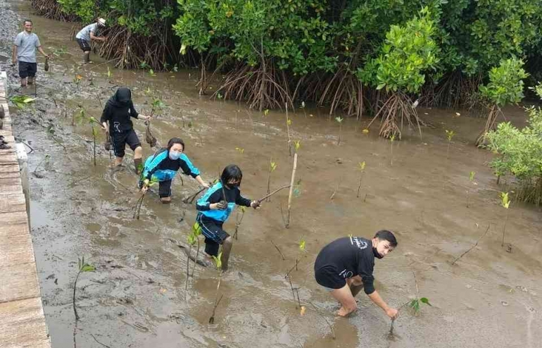 Menumbuhkan kepedulian ekosistem pantai dengan menanam mangrove. Sumber: Dokumentasi Pribadi