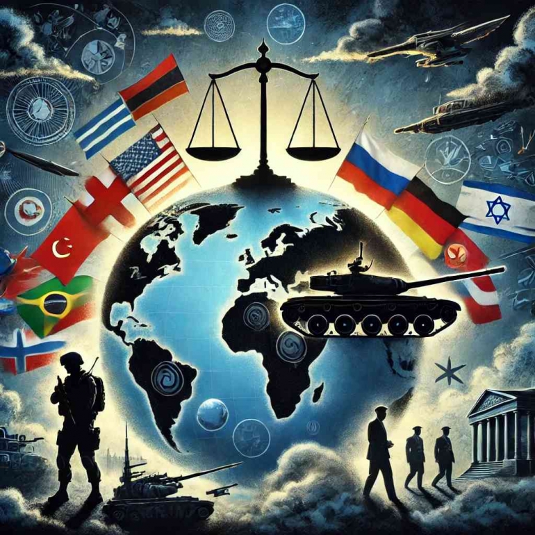 Ilustrasi konsep teori realisme dalam hubungan internasional, dihasilkan oleh DALL-E.