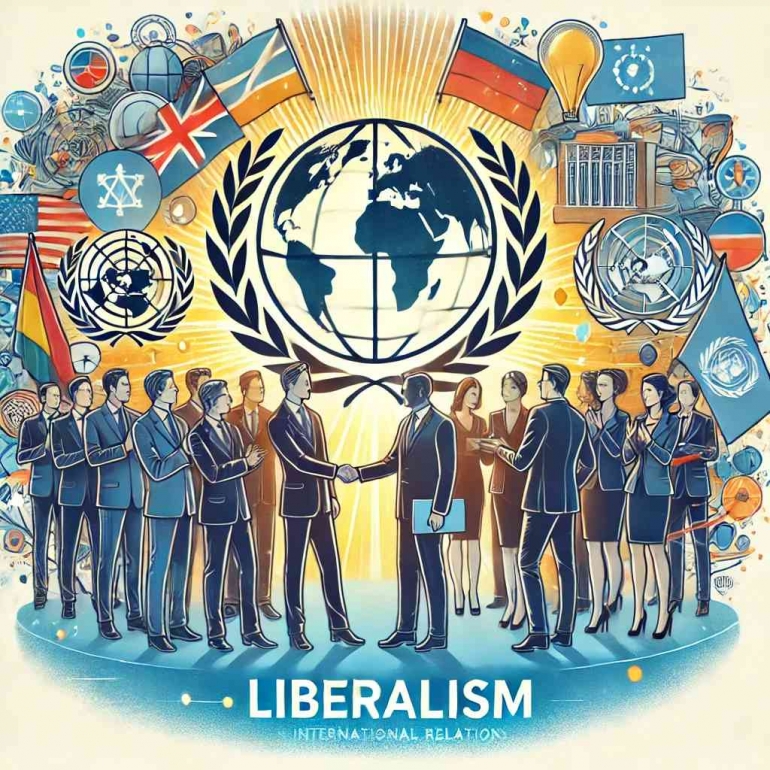Ilustrasi konsep teori liberalisme dalam hubungan internasional, dihasilkan oleh DALL-E.