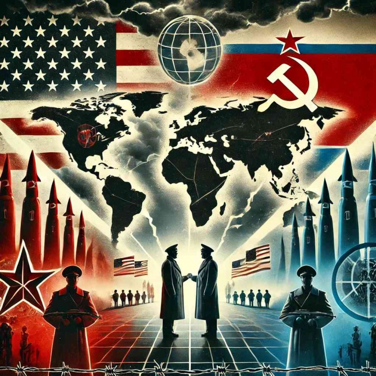 Ilustrasi Perang Dingin dalam hubungan internasional, dihasilkan oleh DALL-E.