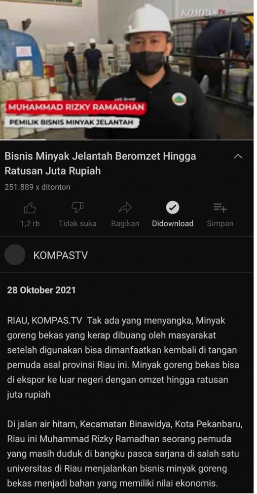 Gambar 3. Pebisnis Jelantah dari Riau (Youtube)