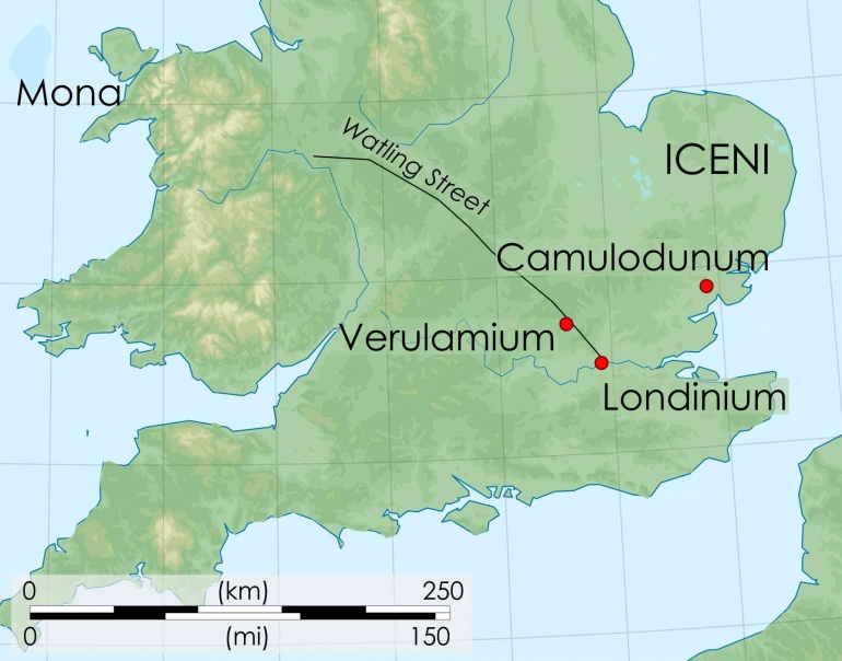 A map of the Boudican Revolt. (Amitchell125 - Own work)