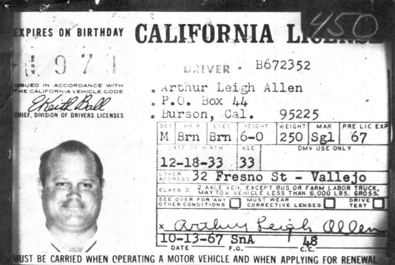 Zodiac killer suspect Arthur Leigh Allen's 1967 driver's license. (State of California)