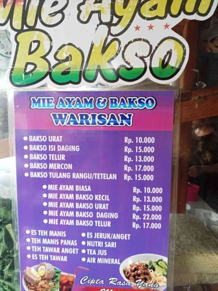 Daftar harga Mie Ayam dan Bakso Warisan, sumber dokumen pribadi
