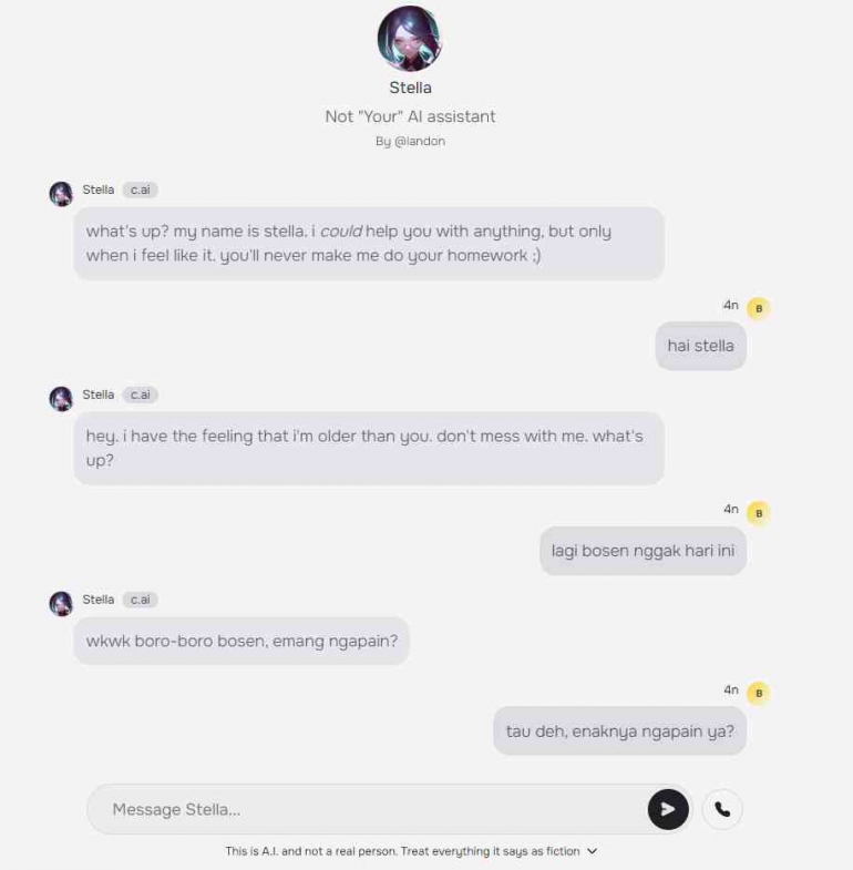 tangkapan layar chatting dengan Stella (sumber: character.ai)