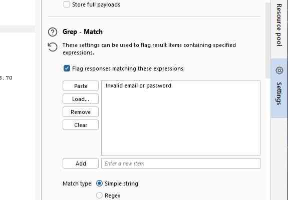Tab Options dengan daftar grep yang menampilkan pesan error Invalid credentials