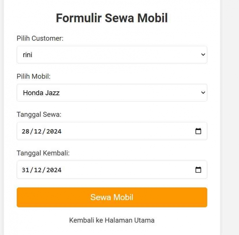 Halaman sewa mobil ;sumber: dokumen pribadi