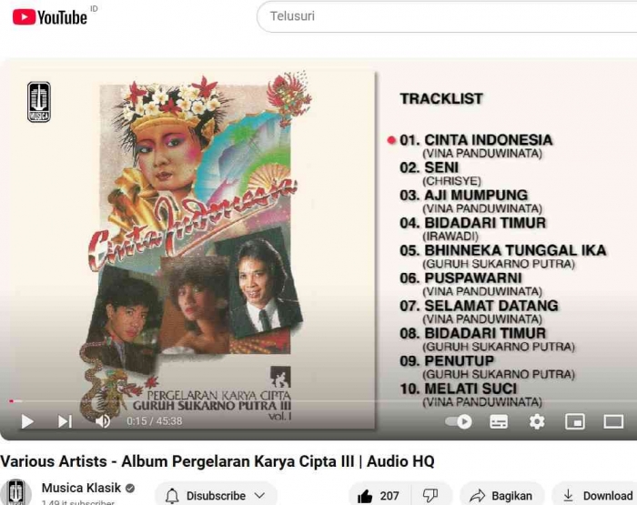 Lagu Bidadari Timur, satu dari lagu-lagu keren di Album Pagelaran Karya Cipta Guruh Soekarno yang ke III, tahun 1984, sumber foto: SC YouTube Musica S