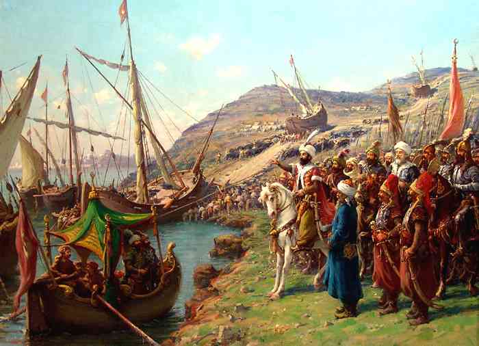 The painting by Fausto Zonaro depicts the Ottoman Turks transporting their fleet overland into the Golden Horn. (Insecula)