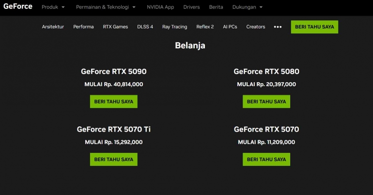 Harga GPU pada website NVIDIA ID