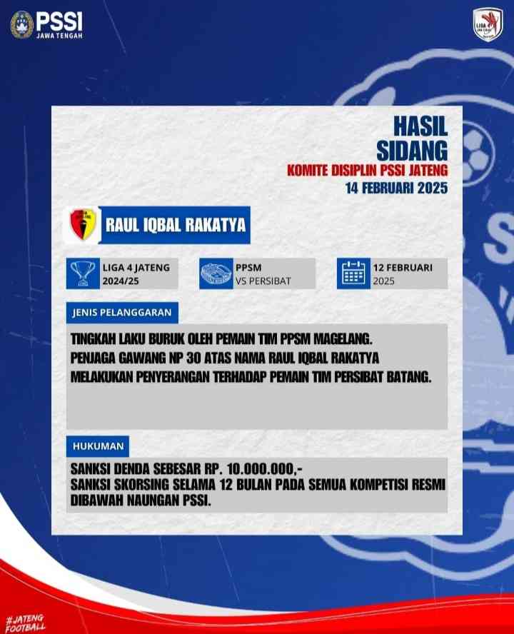 Salah satu keputusan hasil sidang Komdis PSSI Jateng 14 Februari 2025 atas kerusuhan pada pertandingan PPSM melawan Persibat (foto:pssijateng)