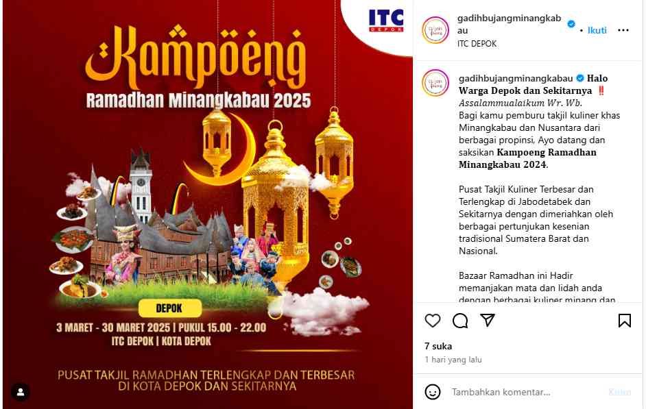 poster kegiatan Kampoeng Ramadhan Minangkabau (Sumber: nstagram.com/gadihbujangminangkabau)
