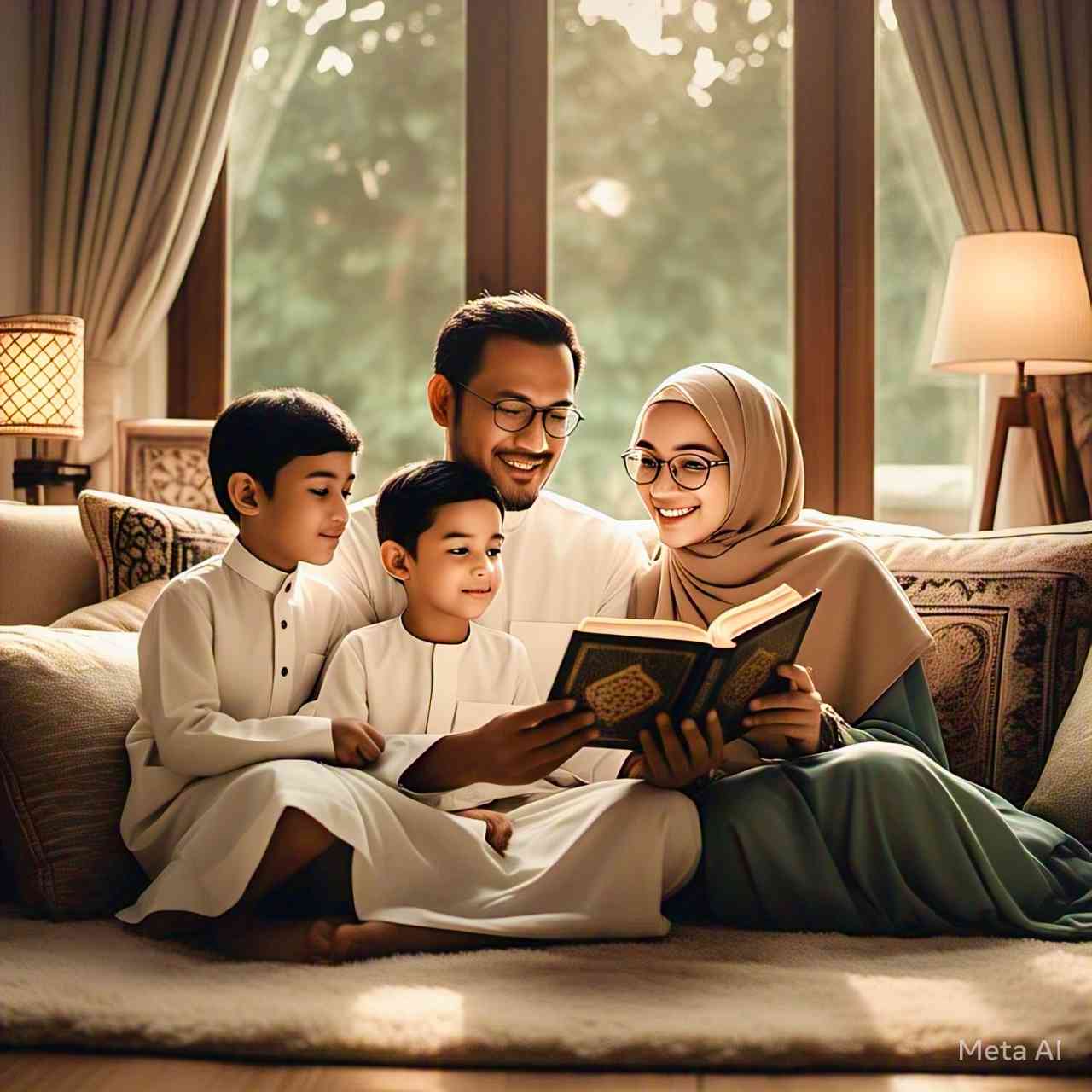 Kebersamaan sebuah keluarga mengkaji Al Qur'an untuk mendekatkan diri kepada Allah SWT demi menjaga kesehatan mental (ilustrasi dibuat dengan Meta AI