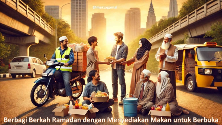 Ilustrasi membagikan makanan berbuka di pinggir jalan, Sumber: Dokumentasi Merza GAmal diolah dengan AI