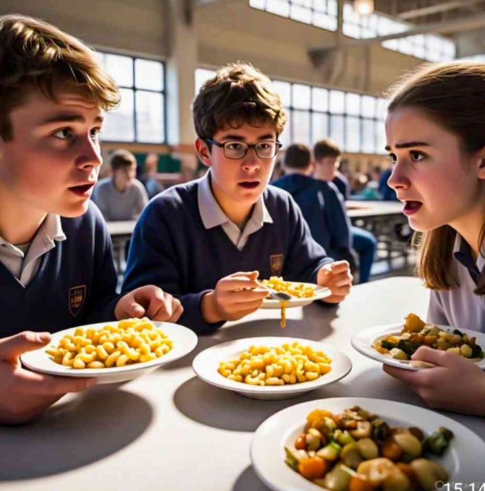 Ilustrasi siswa menikmati MBG yang terasa aneh karena tidak layak konsumsi (ilustrasi dibuat dengan Meta AI)