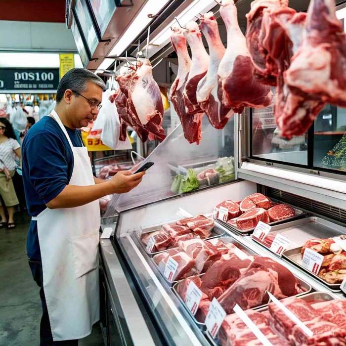 Pembayaran dengan QRIS pada lapak penjual daging(ilustrasi dibuat dengan Meta AI)