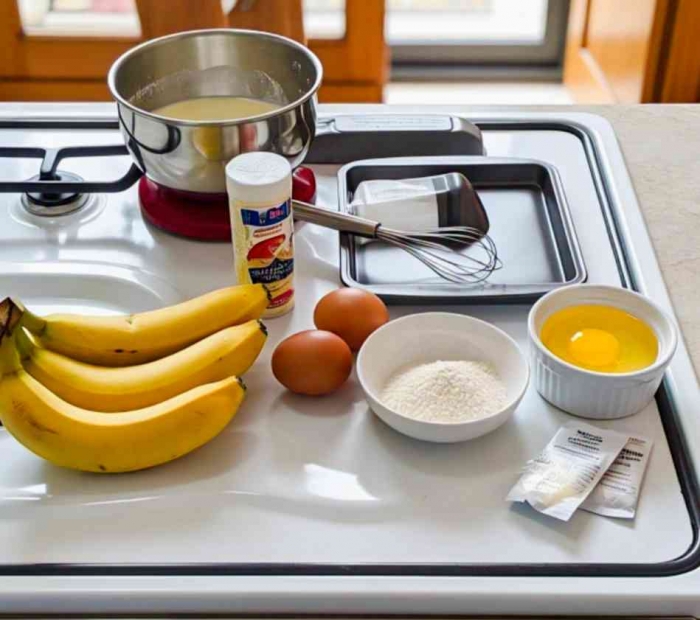 Bahan pembuat cake pisang kukus (ilustrasi dibuat dengan Meta AI)