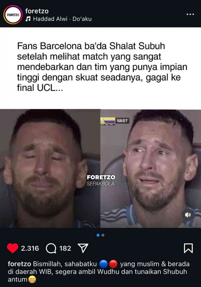 Meme instagram yang menggambarkan patah hati para fans Barca (sumber: akun instagram @foretzo)