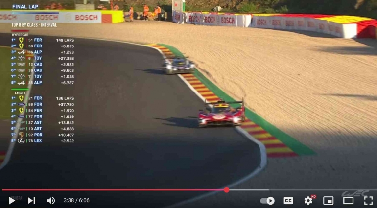 Foto duel Alpine #36 vs Ferrari #50 di lap akhir ( Sumber : Facebook FIA World Enduracen Championship )