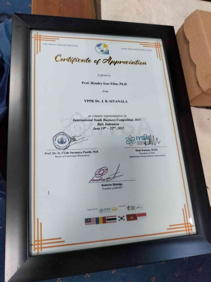 (Own photo) Certificate of appreciation to Ptof. H.I. Elim as Indonesia representative with total 11 winning awards.