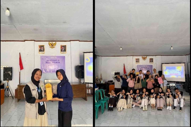 Sesi penyerahan hadiah dan foto bersama setelah kegiatan di pertemuan kedua (Sumber: Penulis)