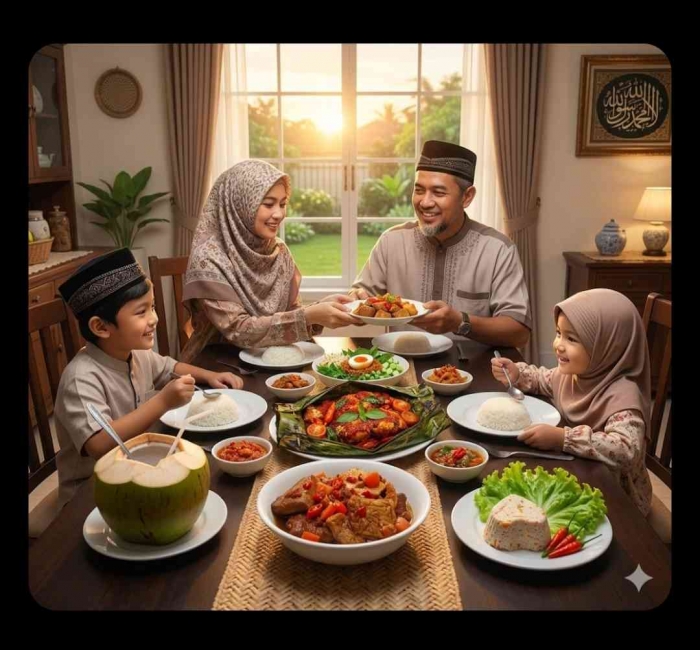 Menikmati buka bersama keluarga dengan menu lokal real food dan bergizi seperti gudangan,tempe bacem dan pepes(Ilustrasi diolah dengan Gemini AI)