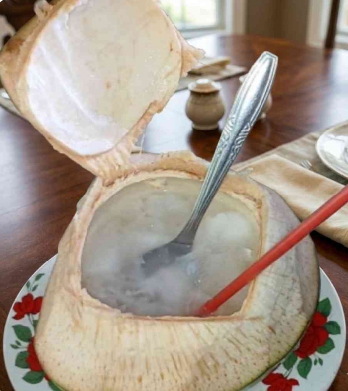 Air kelapa muda yang dinikmati dengan daging buahnya sebagai alternatif takjil real food dan bergizi (Dokumentasi pribadi: Isti Yogiswandani)