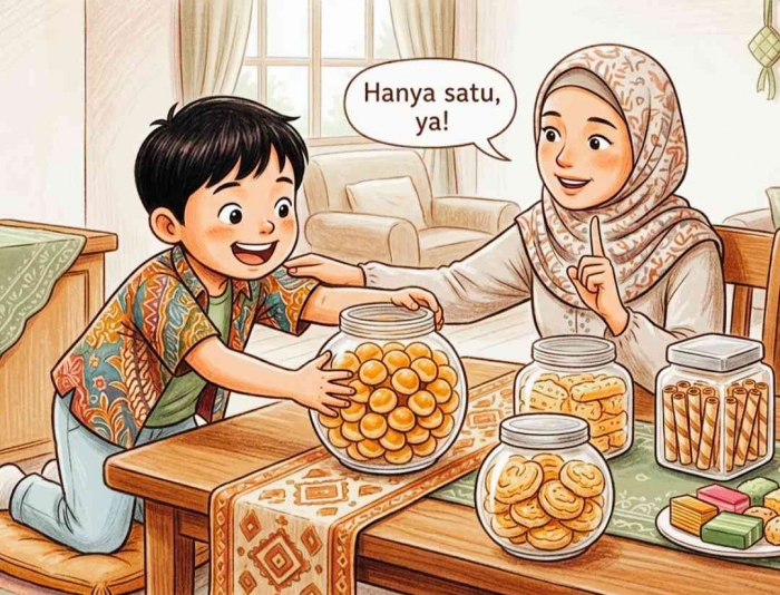 Anak-anak terkadang mengonsumsi kue lebaran secara berlebihan (Ilustrasi diolah dengan Gemini AI)