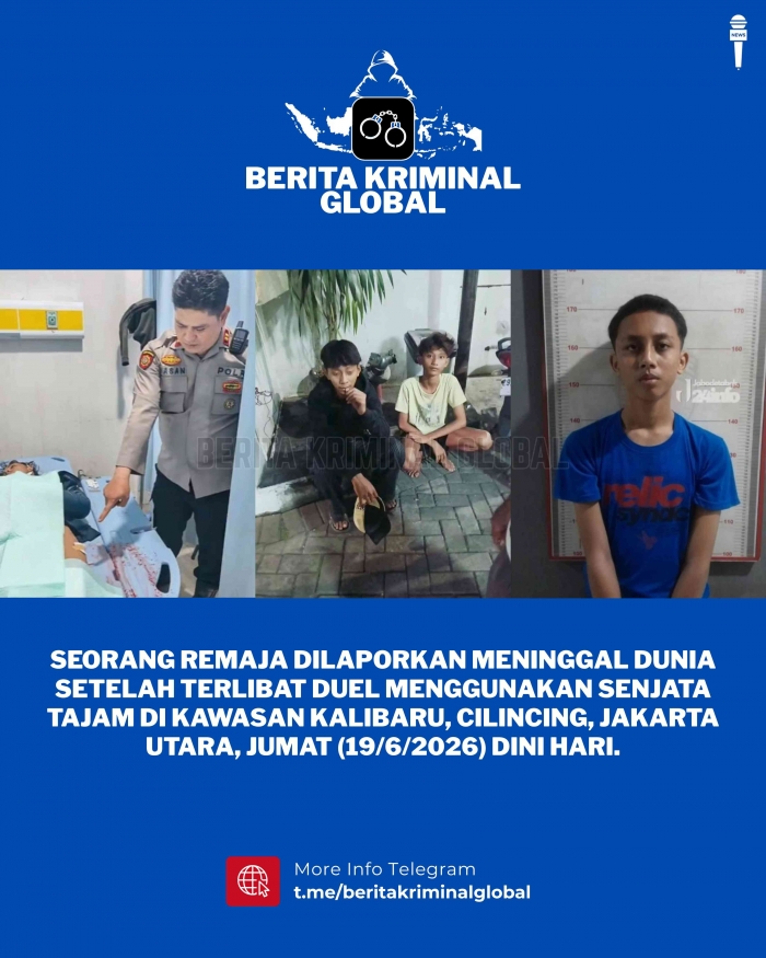 Seorang remaja meninggal dunia setelah terlibat duel menggunakan senjata tajam di Kalibaru, Cilincing, Jakarta Utara, Jumat dini hari (19/6/2026).