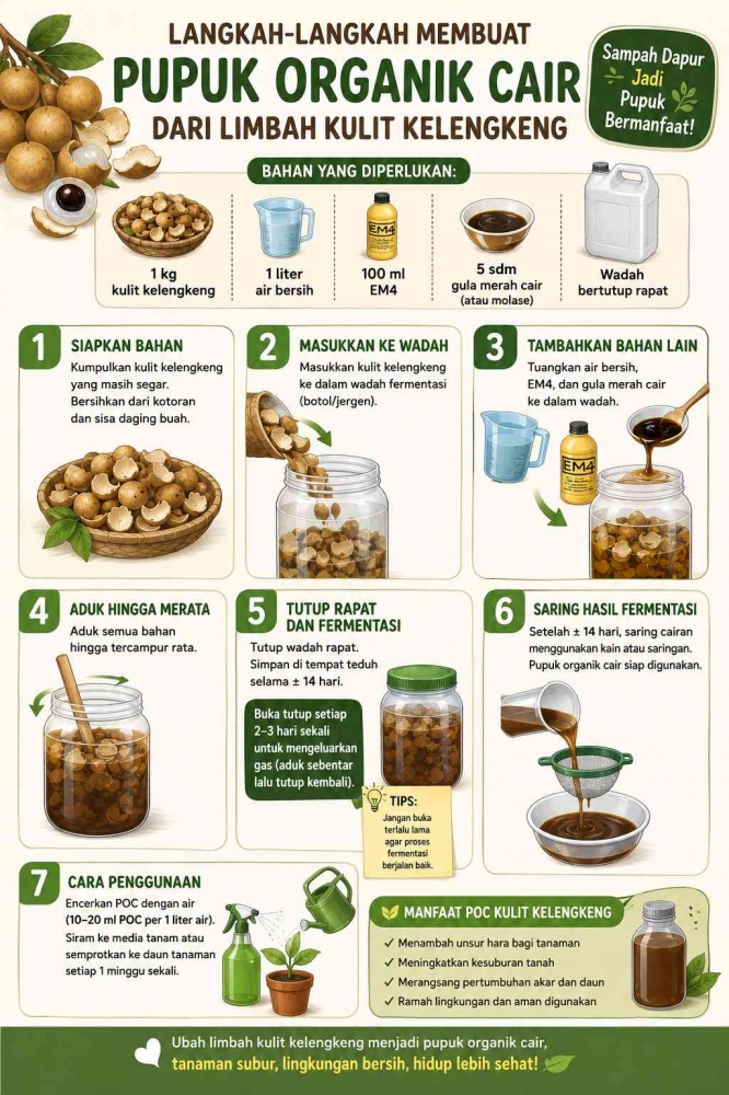 Infografis mengolah limbah kulit kelengkeng menjadi pupuk organik cair. (Sumber foto: Jandris_Sky/Gemini)